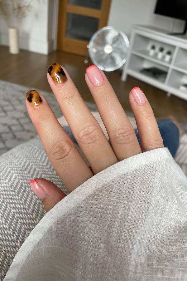 Tortoise Shell and Pink Accent Nails