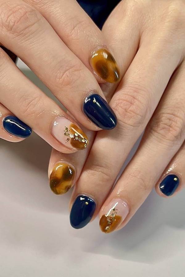 Navy Tortoise Shell Nails with Gold Accents