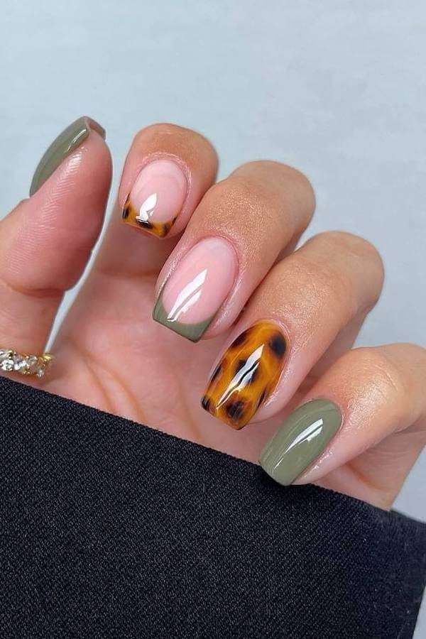 Olive Green and Tortoise Shell Nails