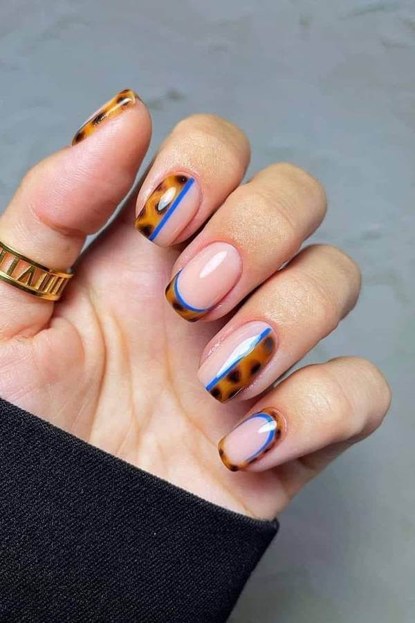 Tortoise Shell French Tips with Blue Outline