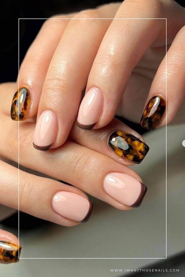 Nude French with Tortoise Shell Accent Nails
