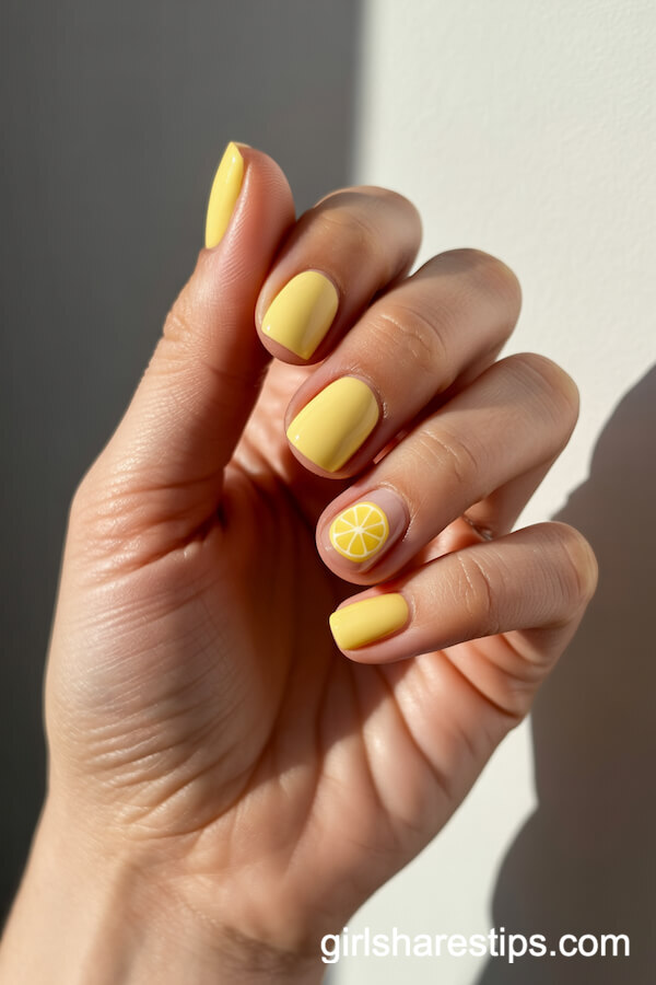 Lemon Yellow Short Nails with Fresh Lemon Slice Art