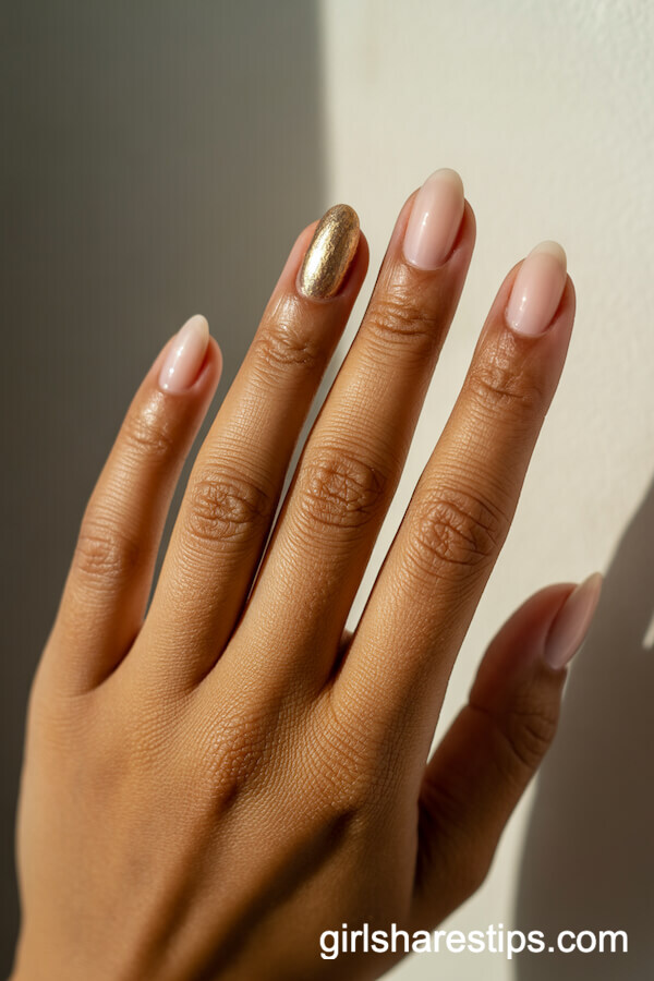 Glossy Nude Nails with Chic Gold Foil Accents