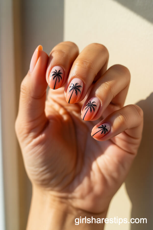 Pink to Orange Gradient Nails with Palm Silhouettes