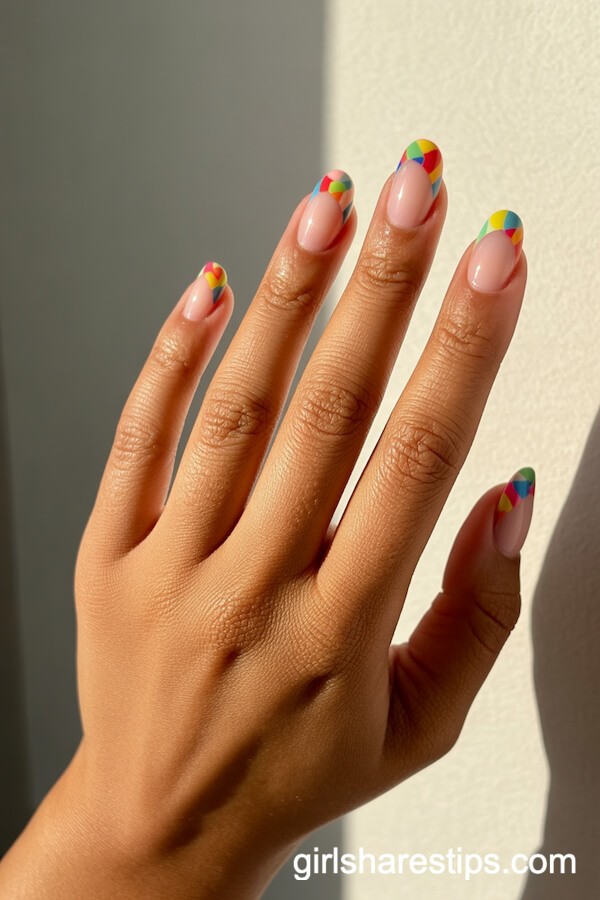 Colorful Mosaic Tip Patterns on Squoval Nails