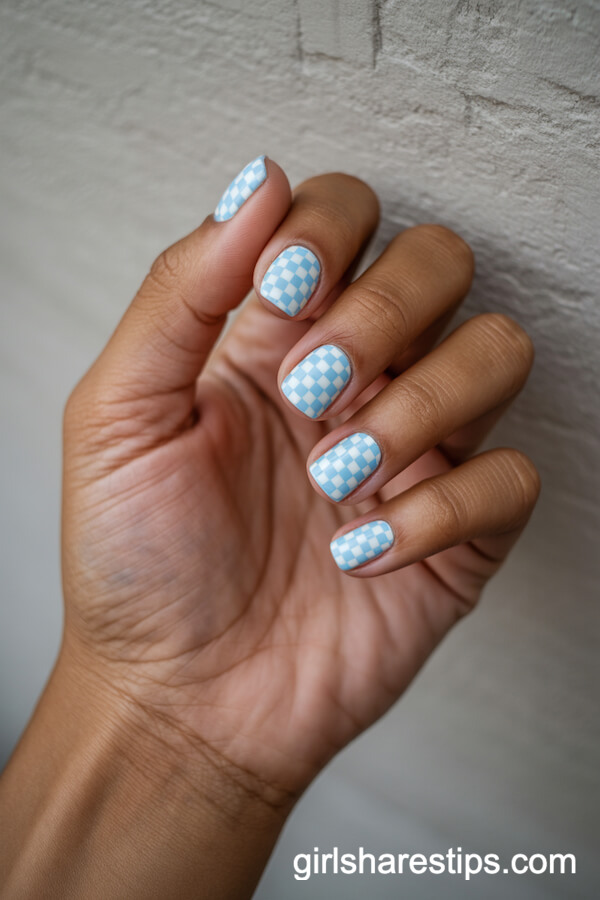 Light Blue and White Checkerboard Nail Art