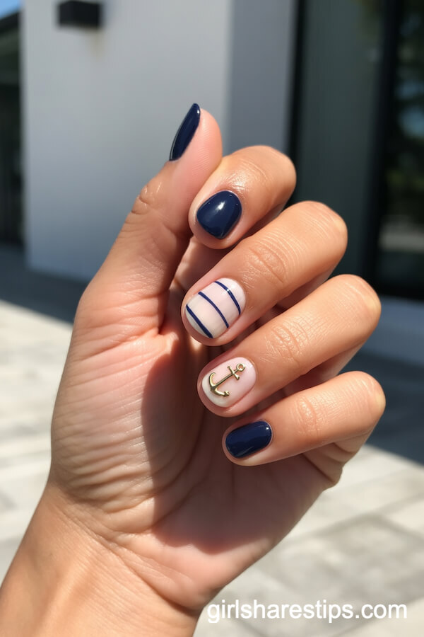 Navy and White Striped Nautical Nails with Gold Anchor