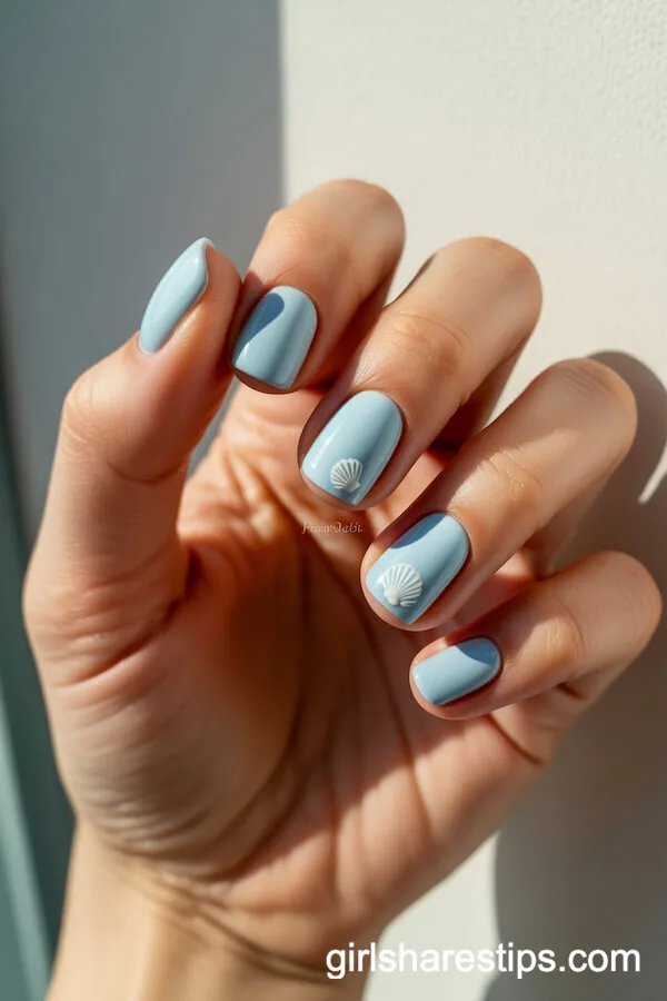 Pastel Blue Short Nails with Delicate Seashell Designs
