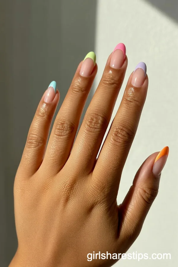 Pastel Rainbow French Tips on Short Almond Nails