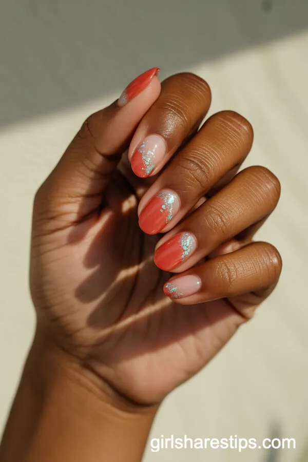 Coral Short Nails with Glittery Aqua Ocean Accents