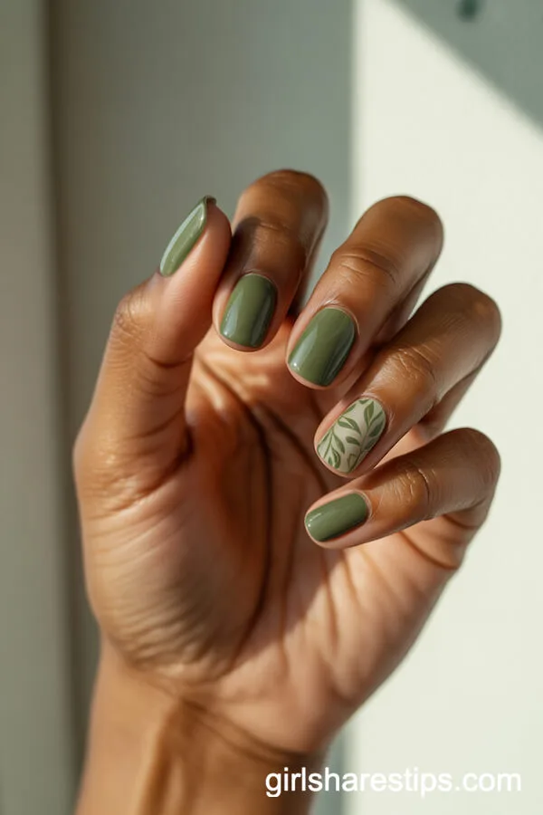 Sage Green Nails with Leafy Botanical Accent Art