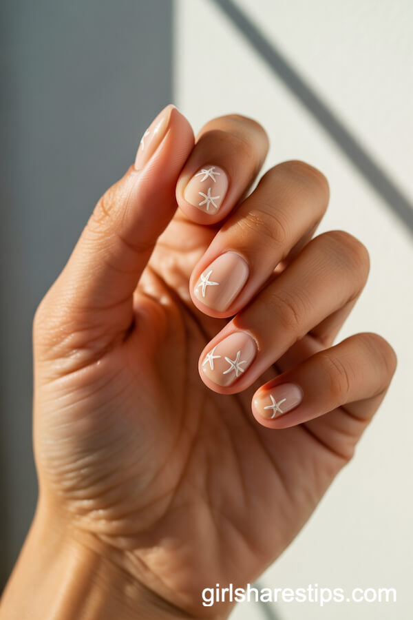 Sandy Beige Nails with Tiny White Starfish Decals