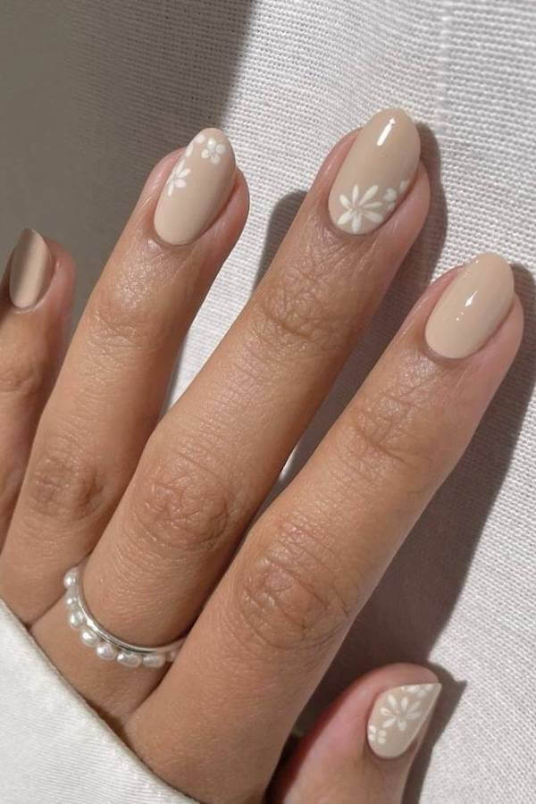 Nude Nails with White Floral Art