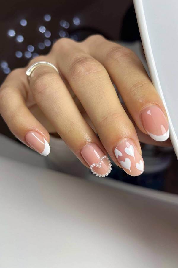 White Heart and French Tip Nail Design