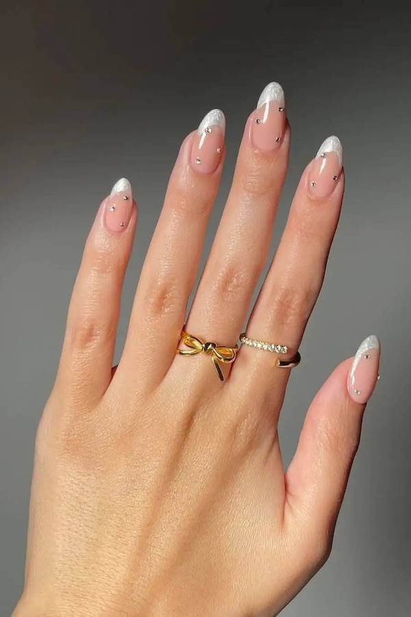 Silver Glitter French with Rhinestones