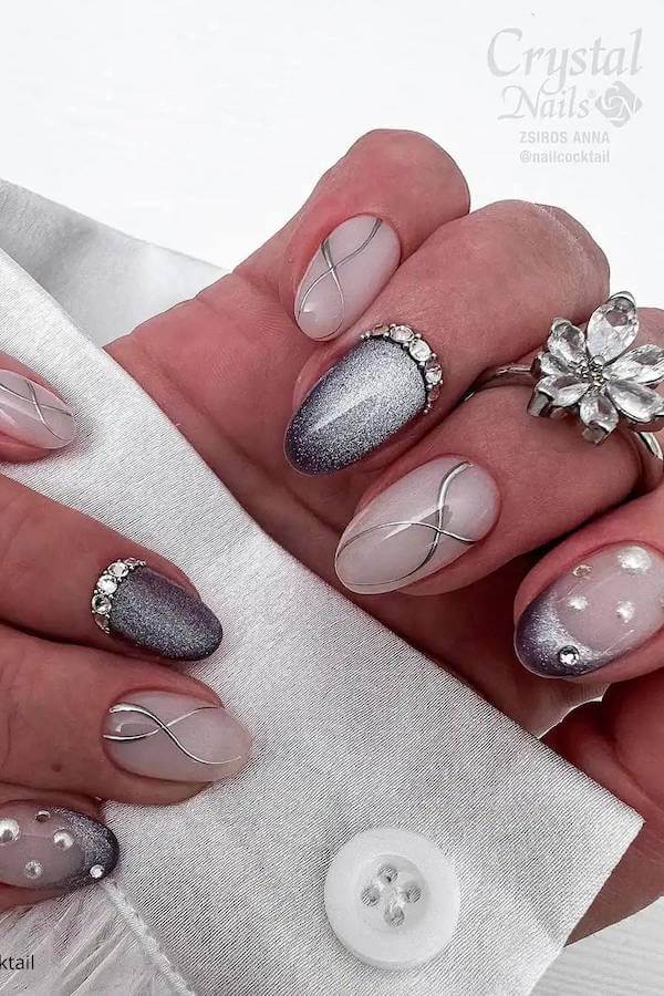 Silver Ombre and Rhinestone Nails