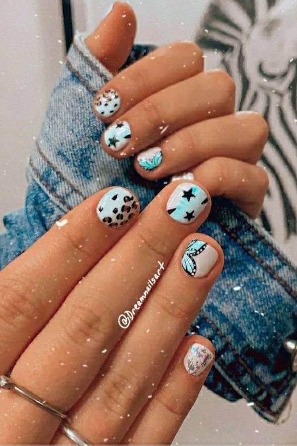 Light Blue Western Star and Cow Print Nails