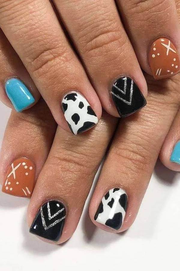 Cow Print and Turquoise Mixed Short Nails