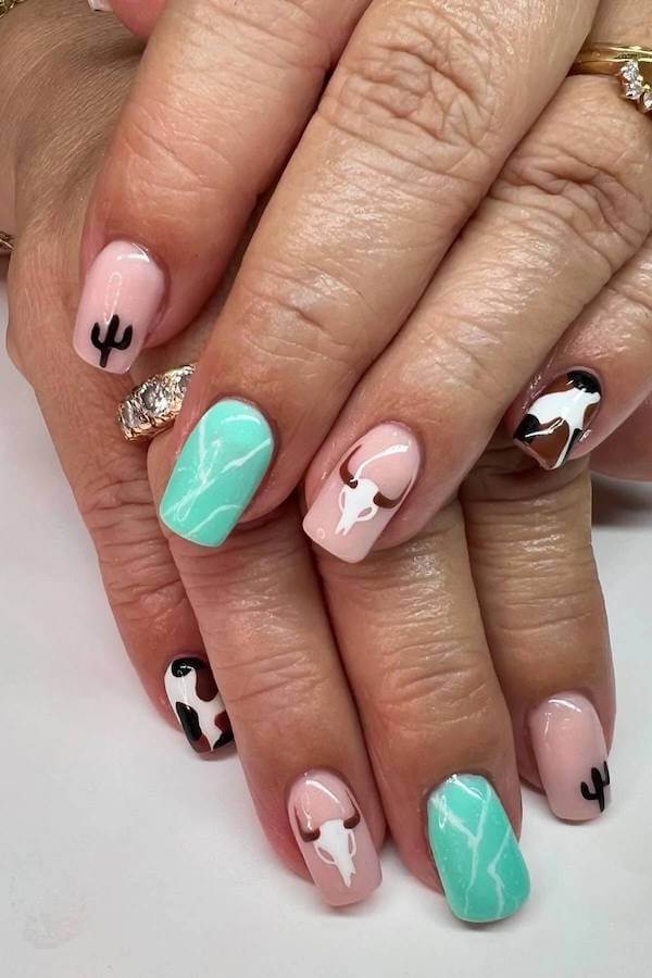 Cactus and Cow Skull Western Nails