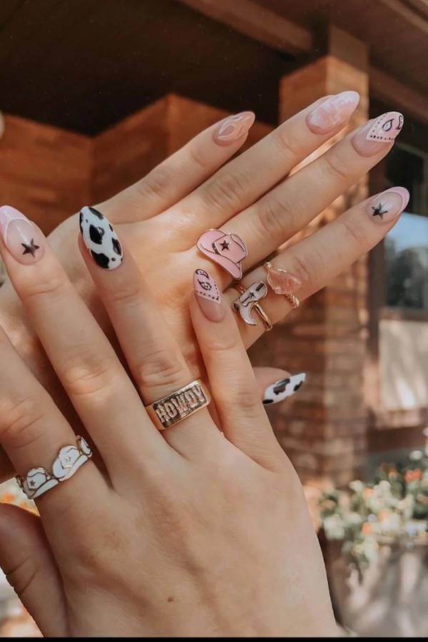 Pink Cowboy Hat and Cow Print Western Nails