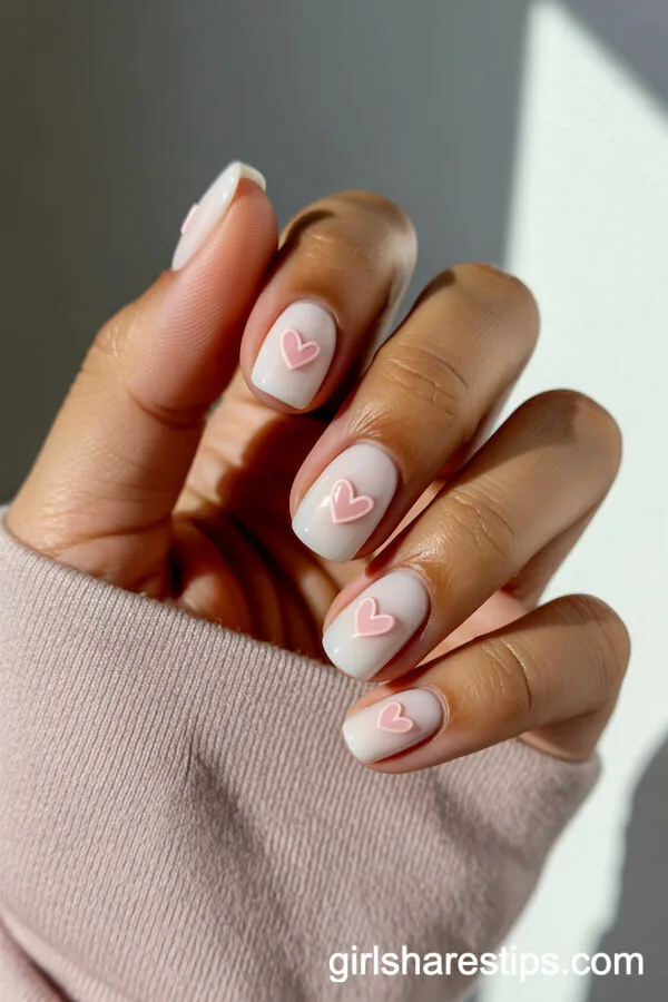 Short White Ballerina Nails With Subtle Pink Heart Details