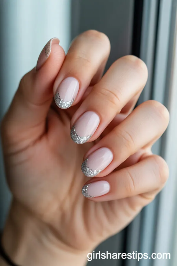 Short Almond White Nails With Silver Glitter Gradient Tips