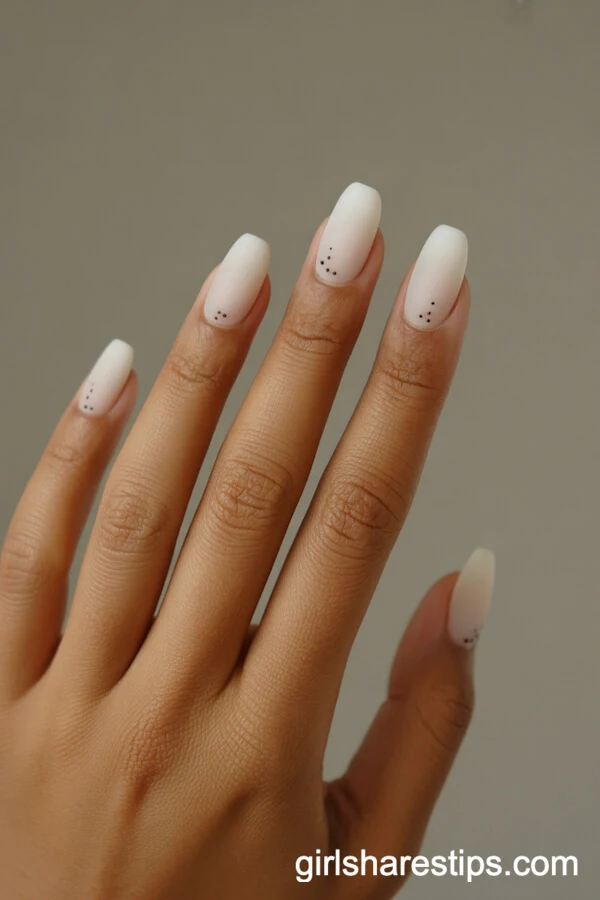 Very Short Matte White Nails With Tiny Black Dots