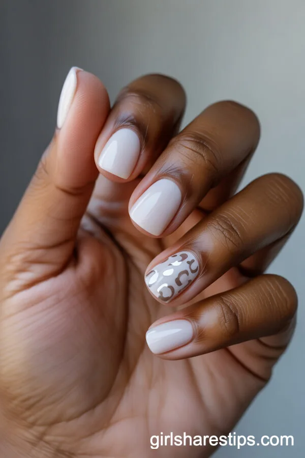 Short Square White Nails With White and Grey Leopard Print Accent