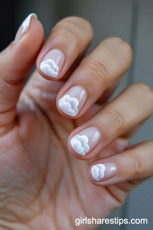 Short Round White Nails With Soft Hand-Painted Cloud Art