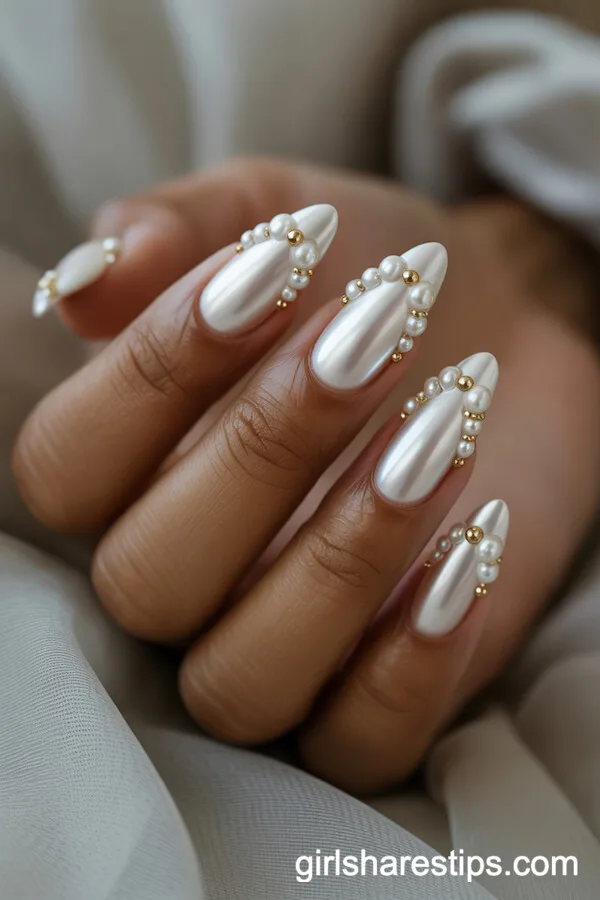 Short Almond-Shaped White Nails With Pearl Clusters and Gold Beads