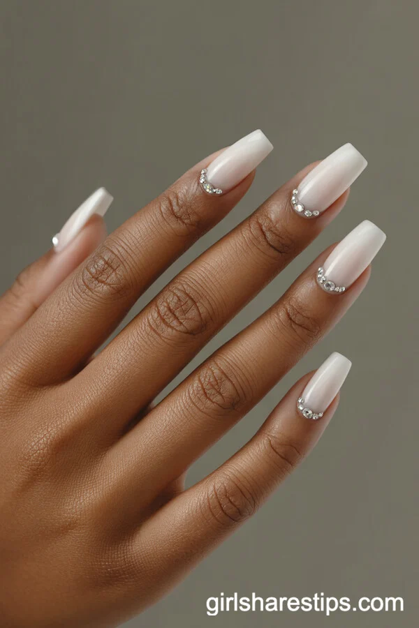 Short Coffin-Shaped White Nails With Crystal Rhinestone Accents
