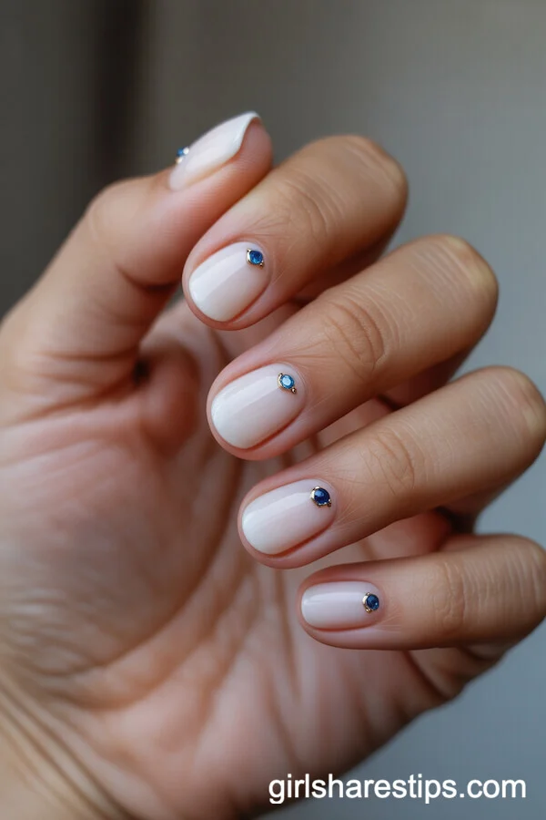 Short Round White Nails With Blue Gemstone Inlay Accents