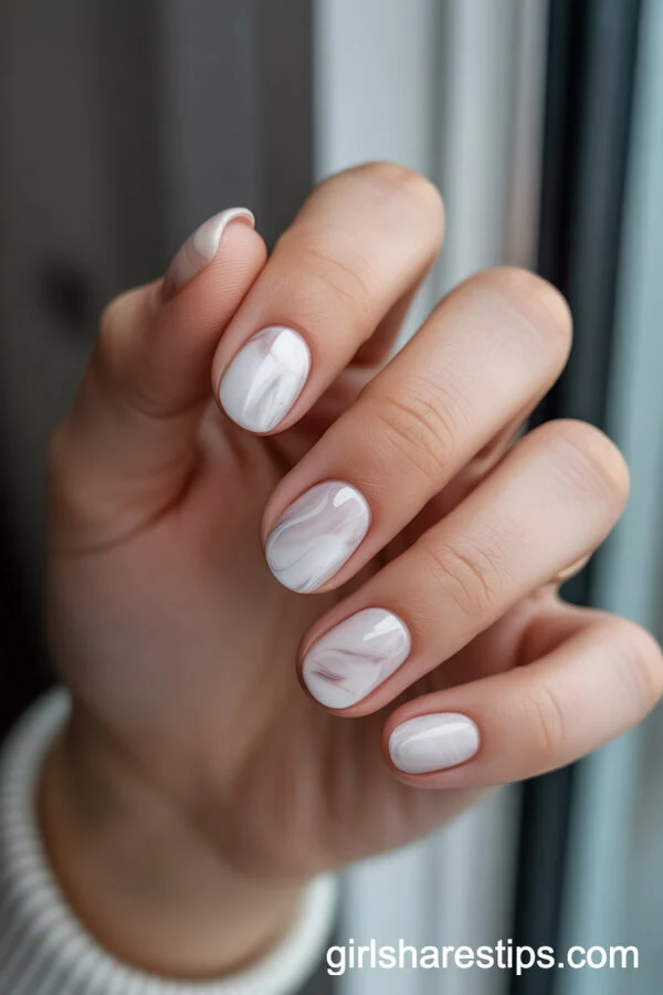 Short Round White Nails With Subtle Marble Effect