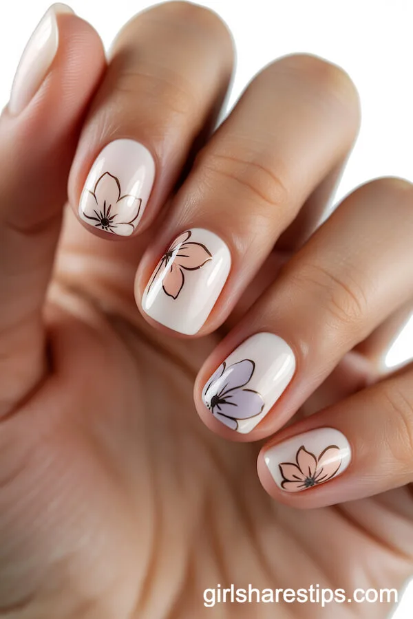 Short Rounded White Nails With Minimalist Pastel Floral Designs