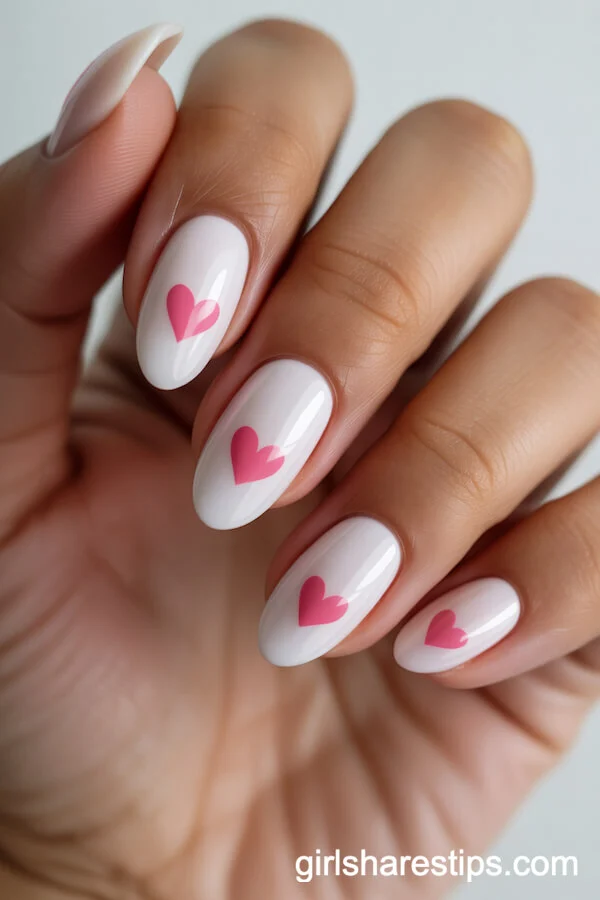 Short Almond-Shaped White Nails With Minimalist Pink Heart Accents