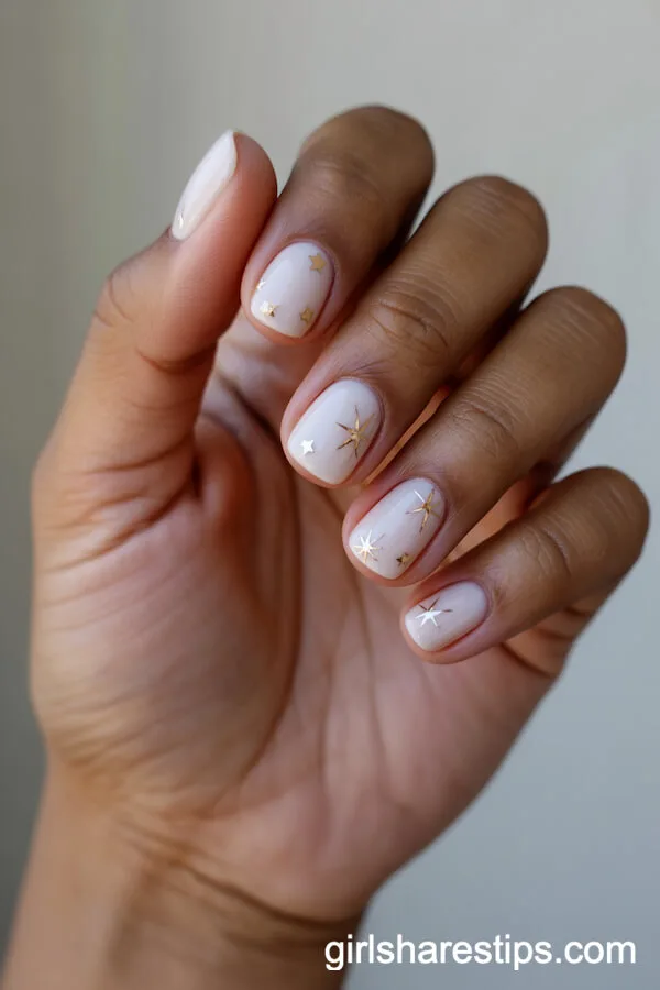 Short Square White Nails With Tiny Gold Star Accents