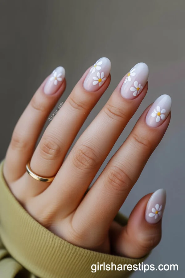 Short Squoval White Nails With Hand-Painted Pastel Flowers