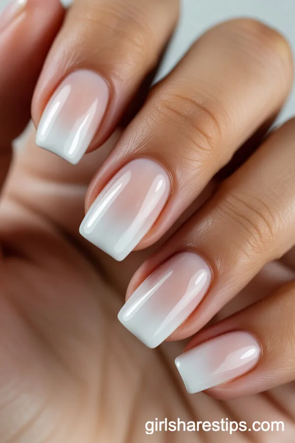 Short Coffin Nails With Milky White Ombr&eacute; Gradient