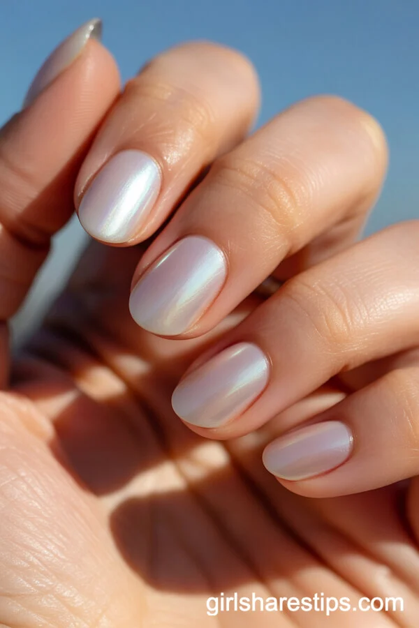 Short Oval Nails With Pearly White Iridescent Finish
