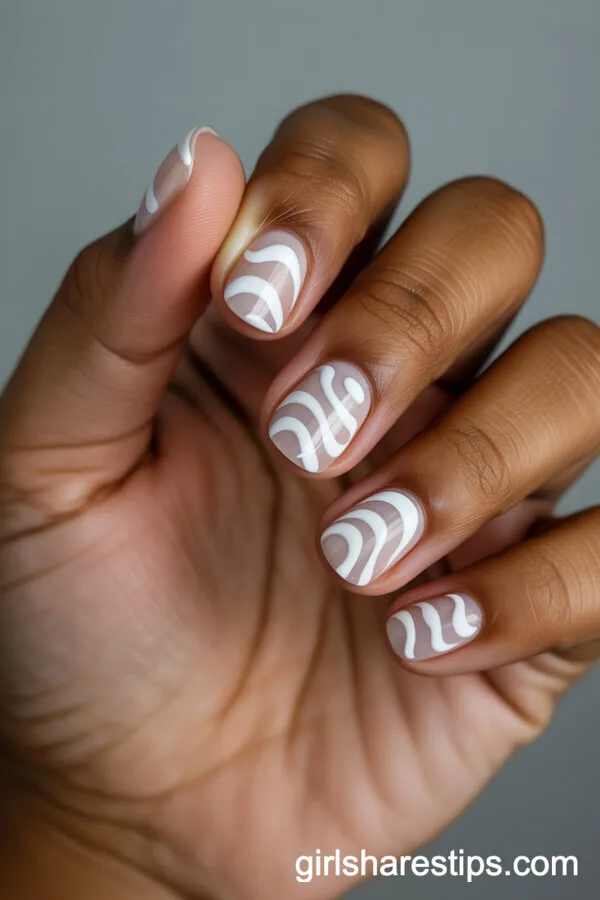 Short Round Nude Nails With Bold White Swirl Designs