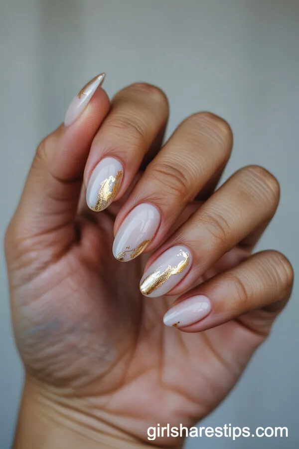 Short Oval White Nails With Artistic Gold Foil Accents