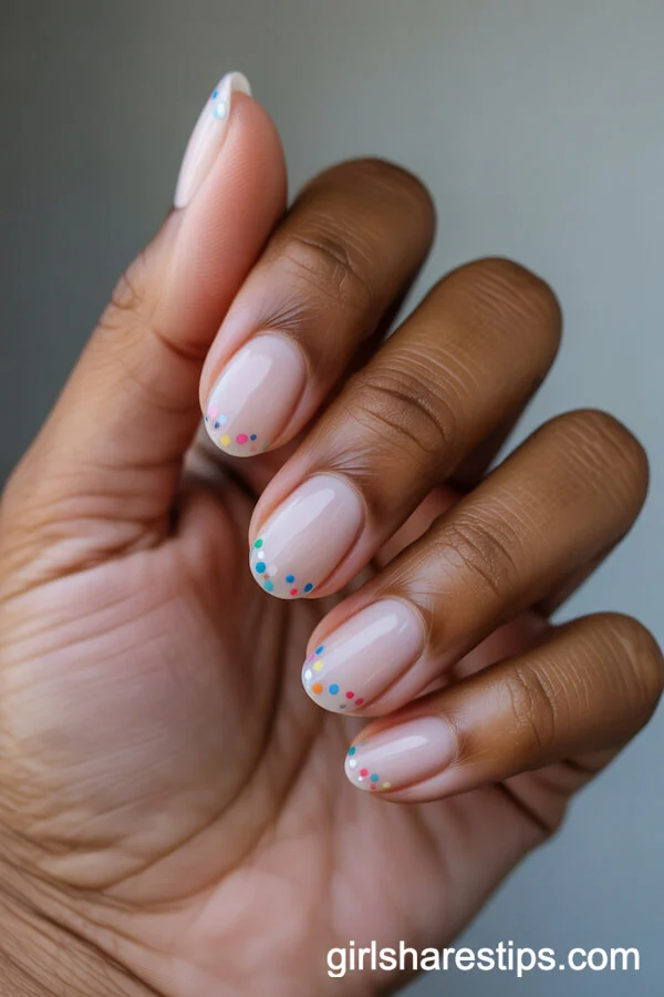 Short Almond White Nails With Colorful Confetti Dots