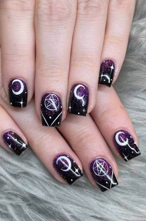 Galaxy Pentagram and Crescent Moon Nails