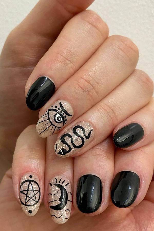 Glitter Snake and Evil Eye Short Nails