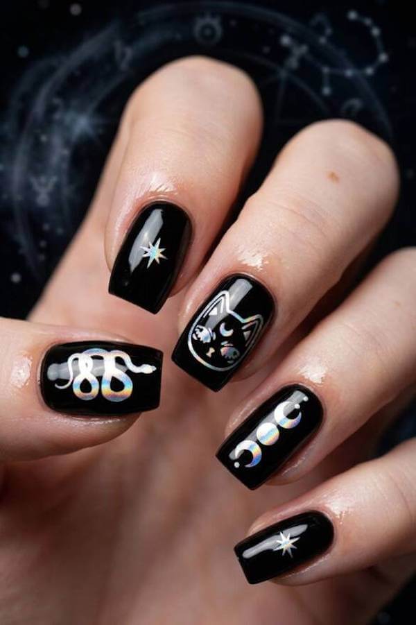 Holographic Black Cat and Snake Nails