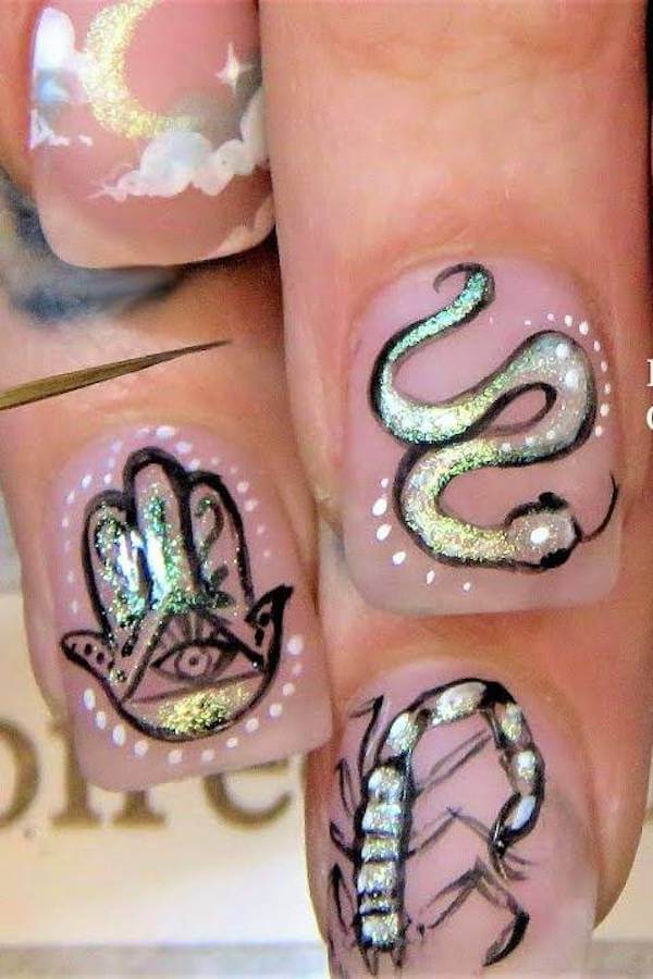 Holographic Hand and Snake Occult Nails