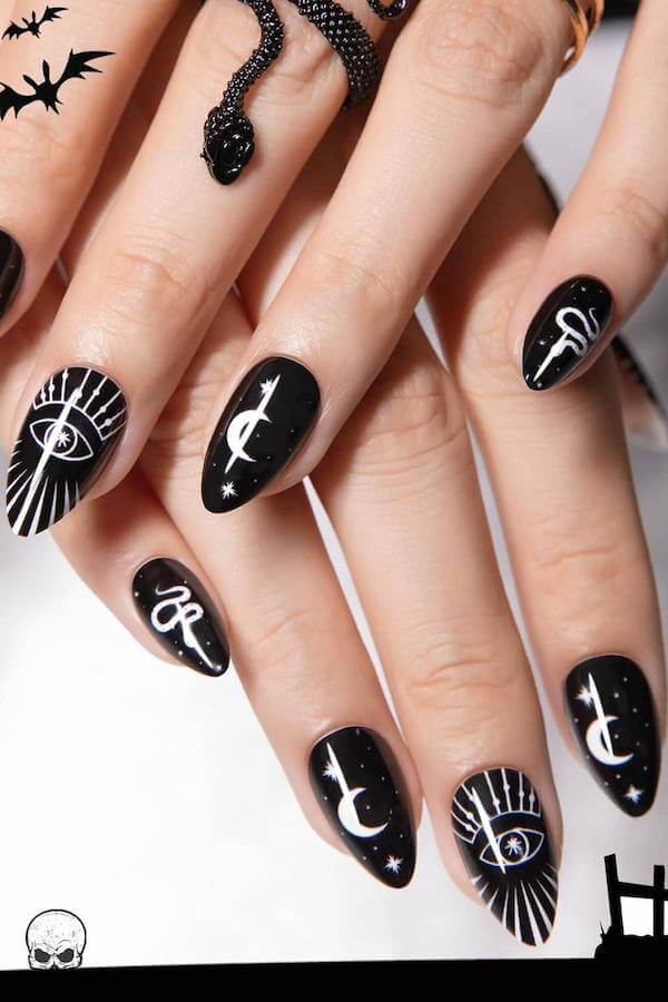 Black Occult Eye and Moon Nail Design