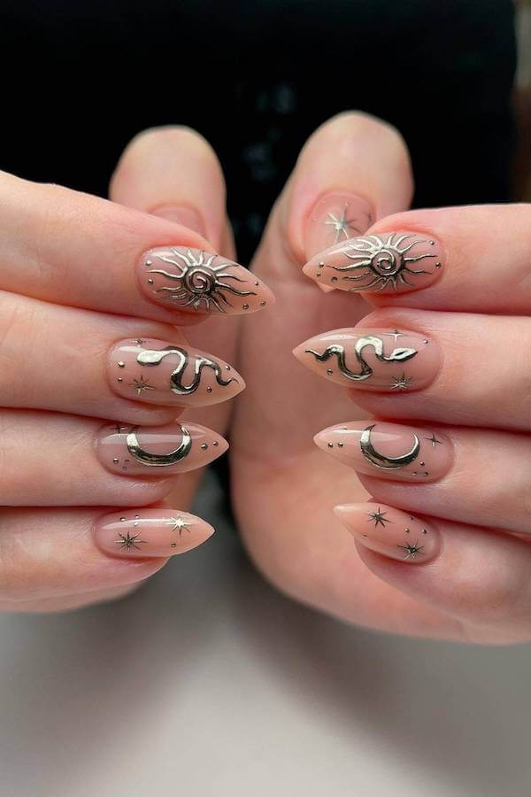 Silver Moon and Snake Witchy Nails