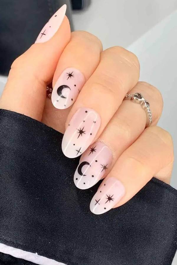 Celestial Crescent Moon and Star Nails