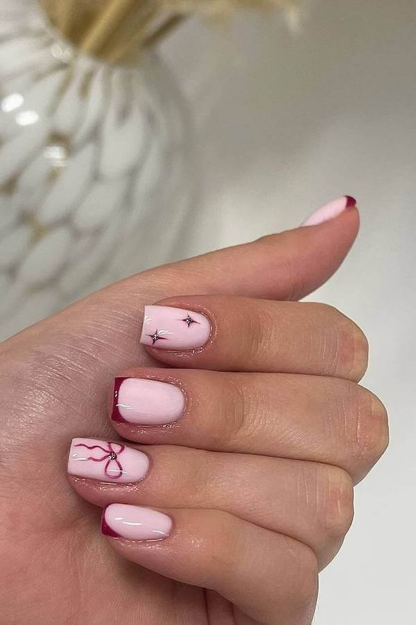 Pink Nails with Red French Tips and Minimal Art